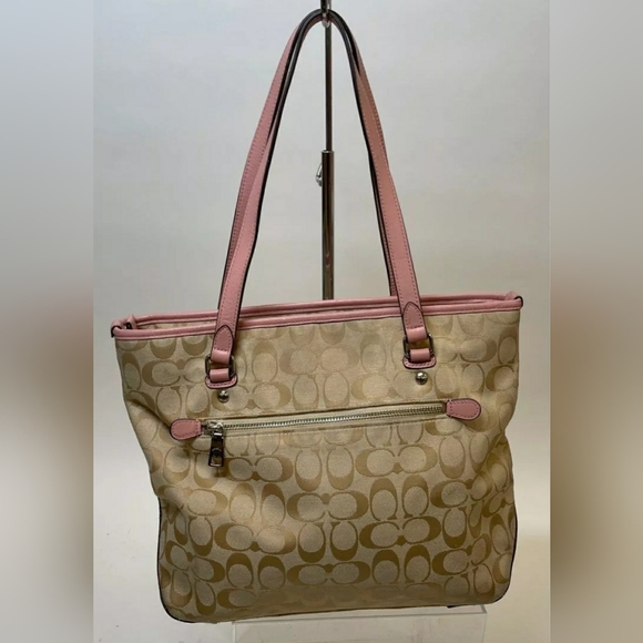 Coach Beige Pink Tan Monogram Tote Bag Handbag Purse - Picture 2 of 7
